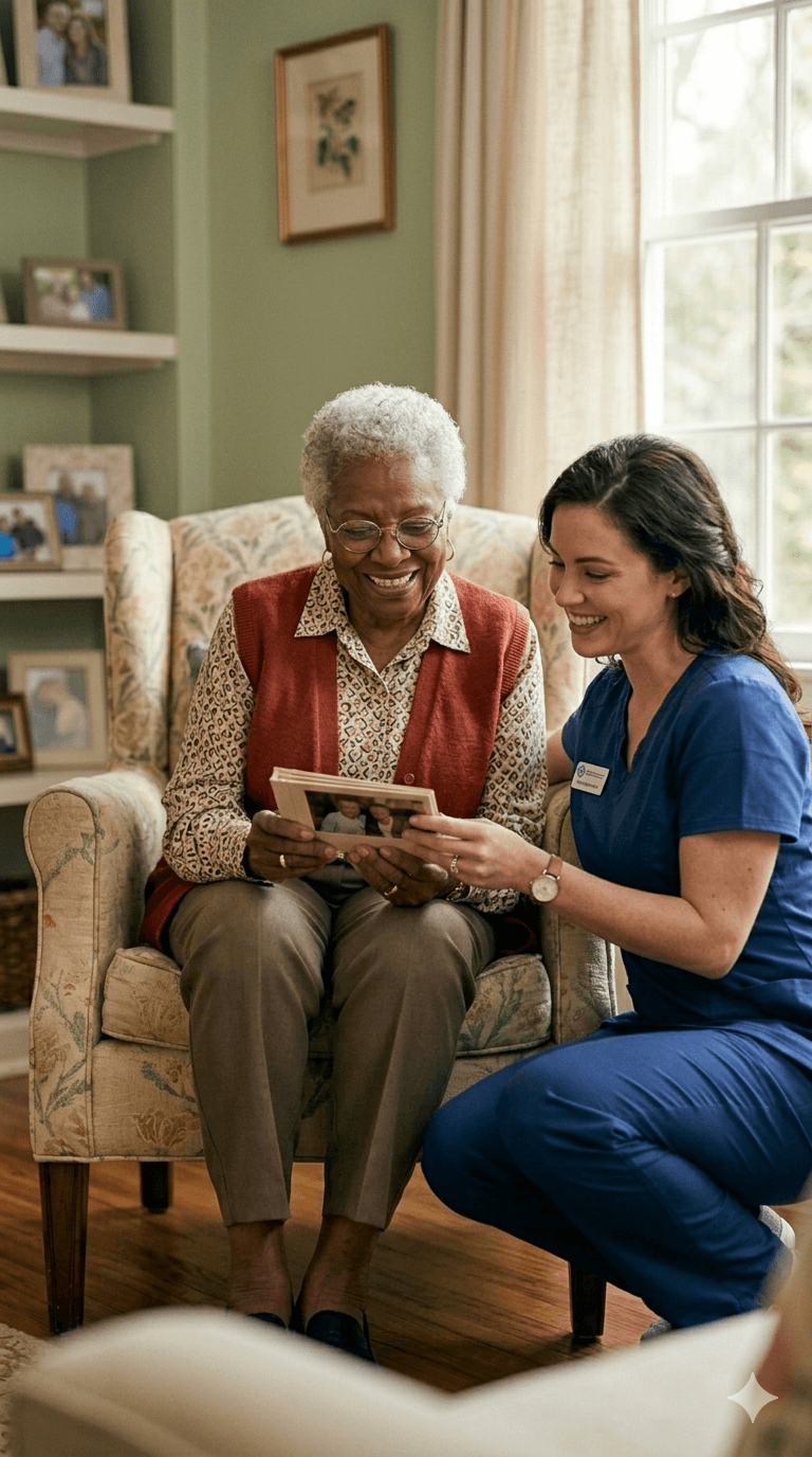 A caregiver providing attentive, compassionate care to a patient at home